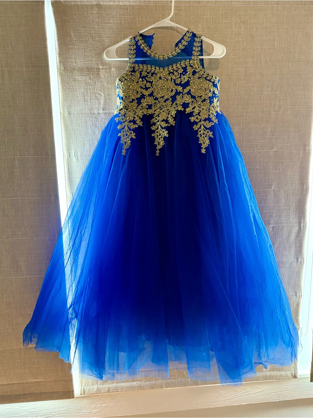 Royal Blue Gold Appliqué Embroidered Tulle Formal Gown - Girls 10-11Y